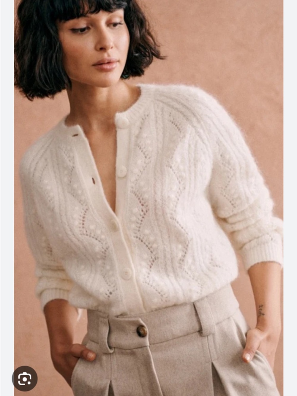🇫🇷 Sezane Ecru Openwork Mohair-Blend Cropped Cardigan